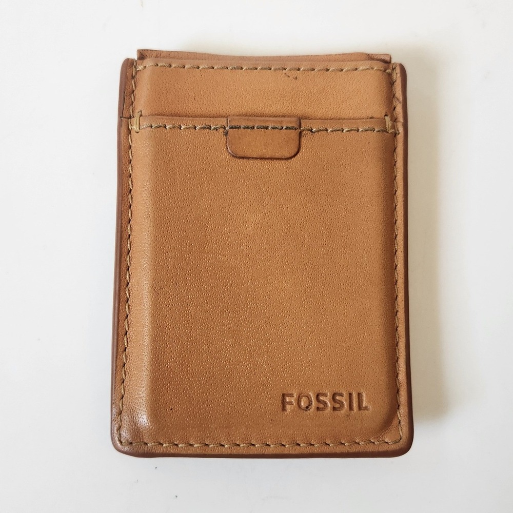 Fossil Brooks Tan Leather Card Case Magnetc Money Clip Academia Heritage Preppy